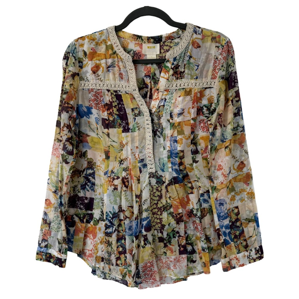Anthropologie Maeve‎ Abella Pintuck Floral Blouse Patch Bohemian Size 2
